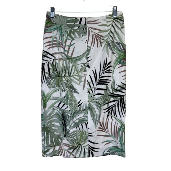 Worth New York Pencil Skirt Front Slit Tropical Print Green White Linen Size 0 - Picture 2 of 10